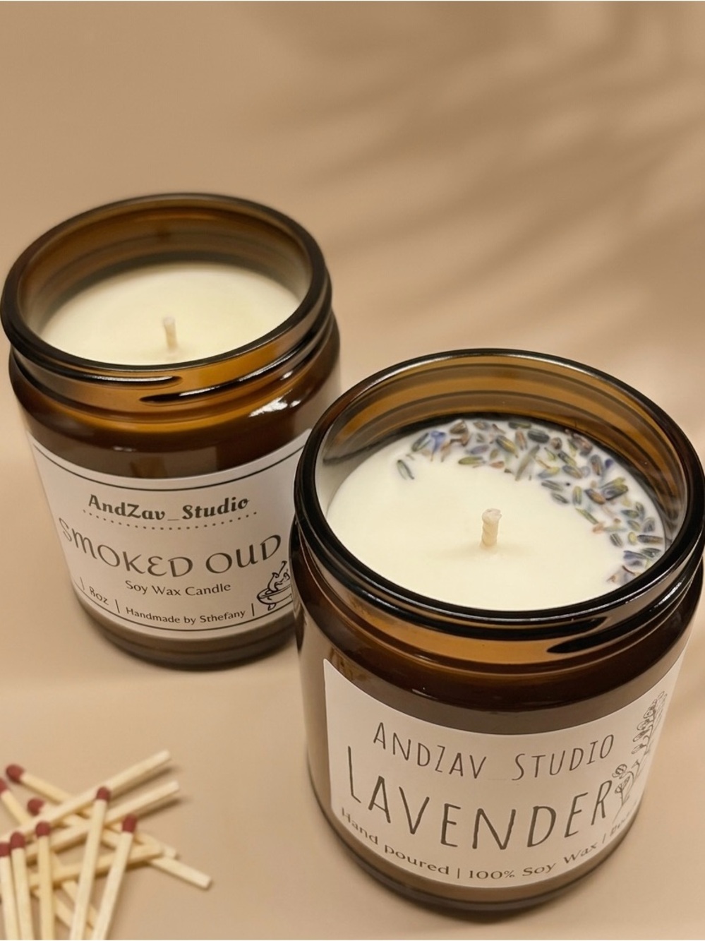 Pack of 2 Handmade Candles, Lavender Soy Wax & Smoked Oud Soy Wax - Amber Jar.